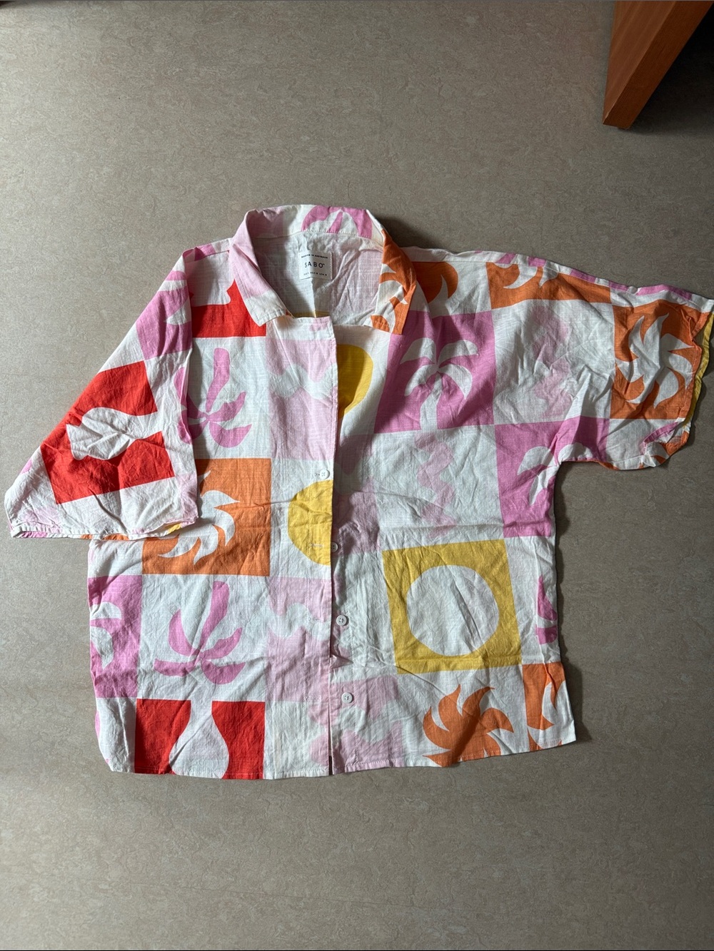 Oversized Tropical Short-Sleeve Button-Down Shirt in Pink, Orange, Yellow